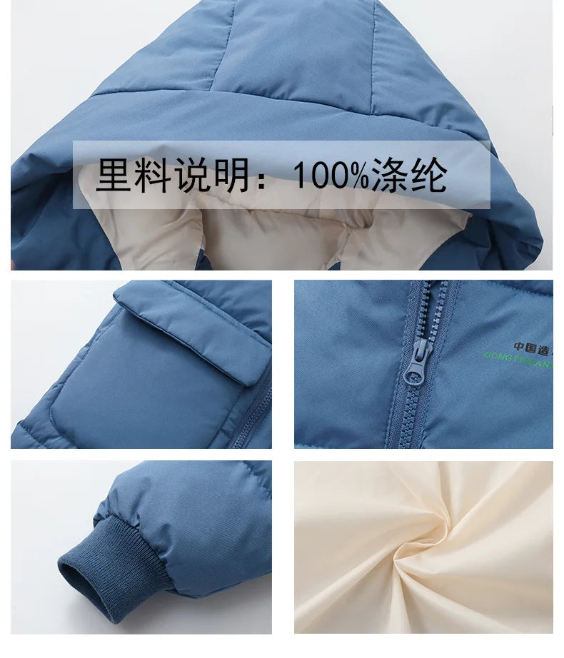 New Winter Boys Jacket Solid Color Mid-Length Keep Warm Cold Protection Hooded Down Cotton Windbreaker Coats For 3-10 Years