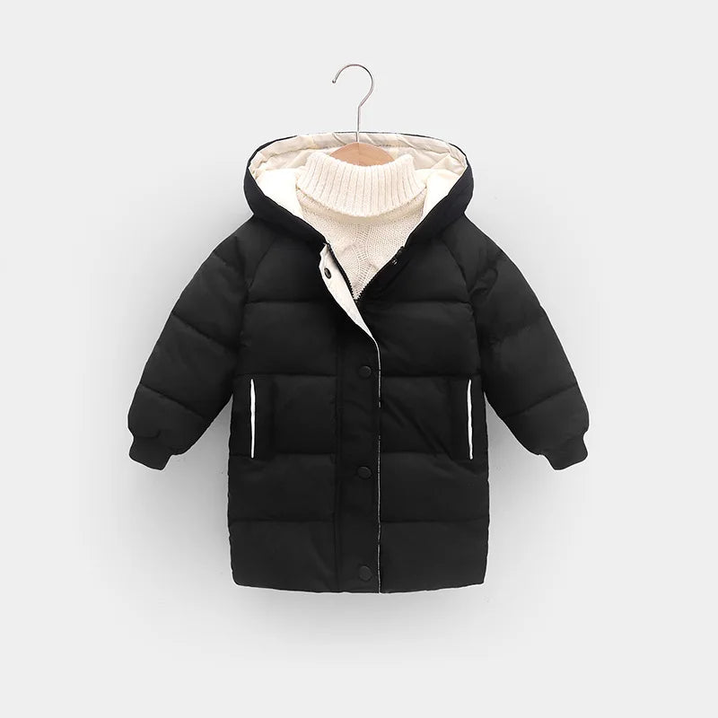New Winter Boys Jacket Solid Color Mid-Length Keep Warm Cold Protection Hooded Down Cotton Windbreaker Coats For 3-10 Years