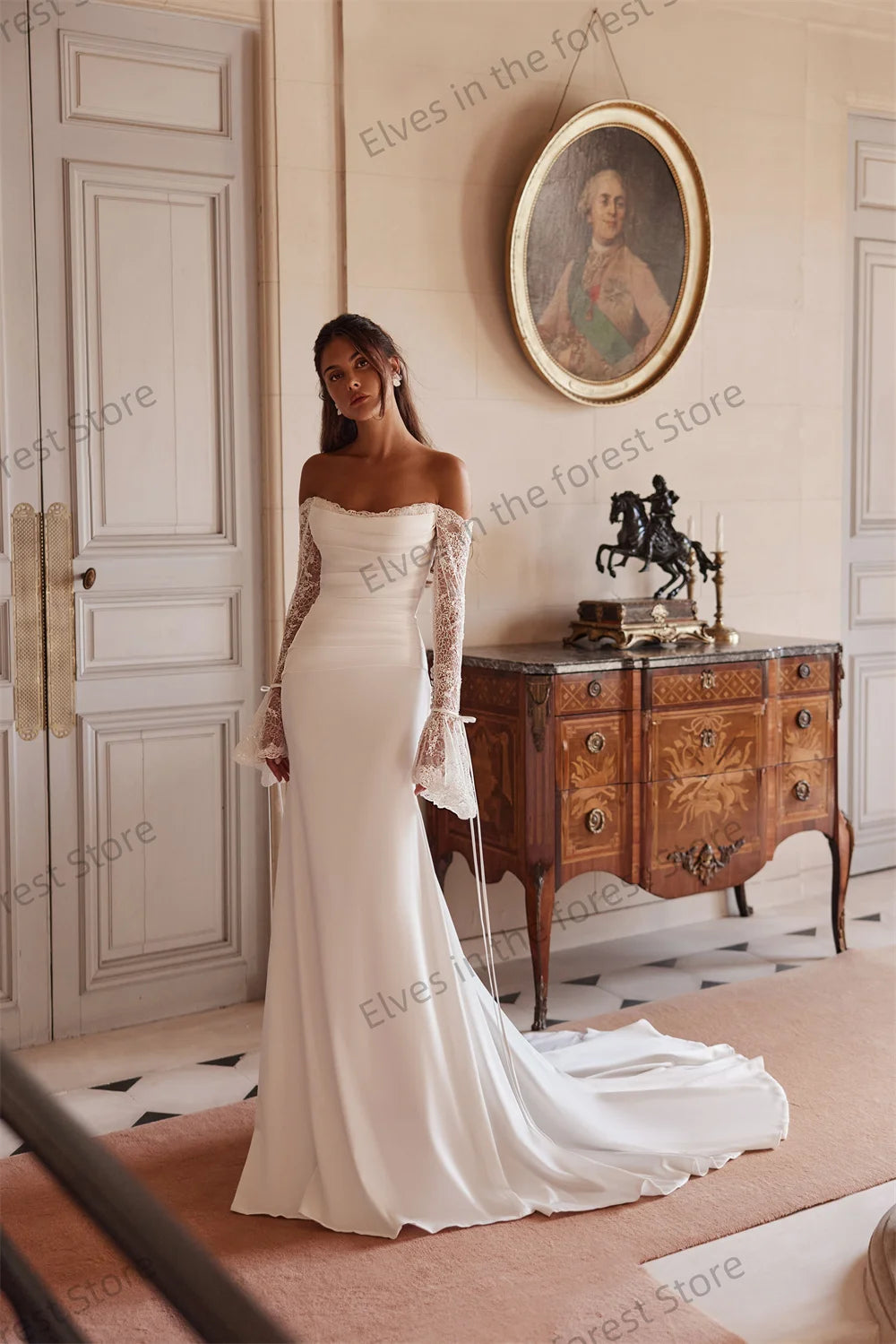 Charming Mermaid Wedding Dresses Off The Shoulder Long Sleeves Bridal Gowns Glitter Beads Back Sweep Train Robes de Mariee