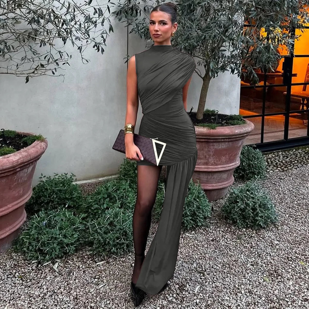 Irregular Draped Ruched Sexy Mini Dress For Women Elegant Turtleneck Sleeveless High Waist Pleated Club Party Dress