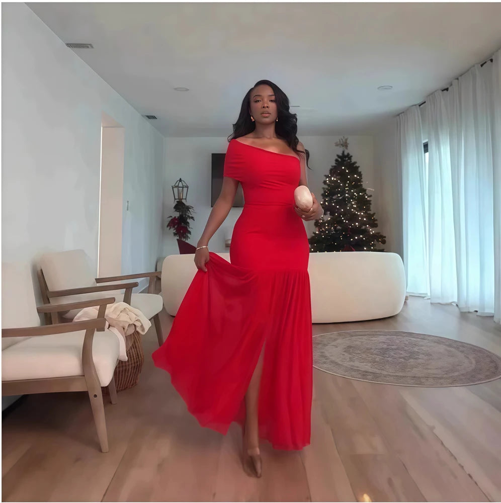 Stylish Evening Sexy Club Party Holiday Maxi Dress for Women Elegant Skew Neck One Sleeve Off Shoulder Mesh Slit Long Dresses