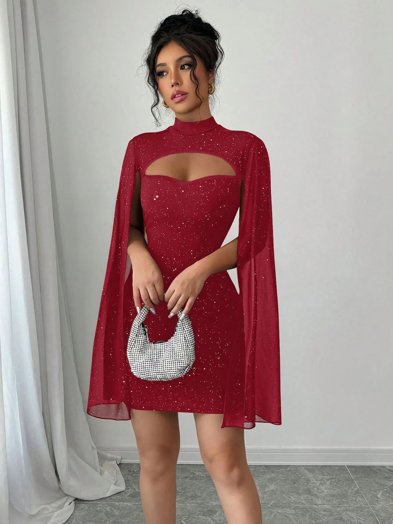 2025 Summer Women Outfit Fashion Elegant Pearl Chiffon Cloak Hip Short Dress Sequins Half High Collar Slim Evening Dress Female