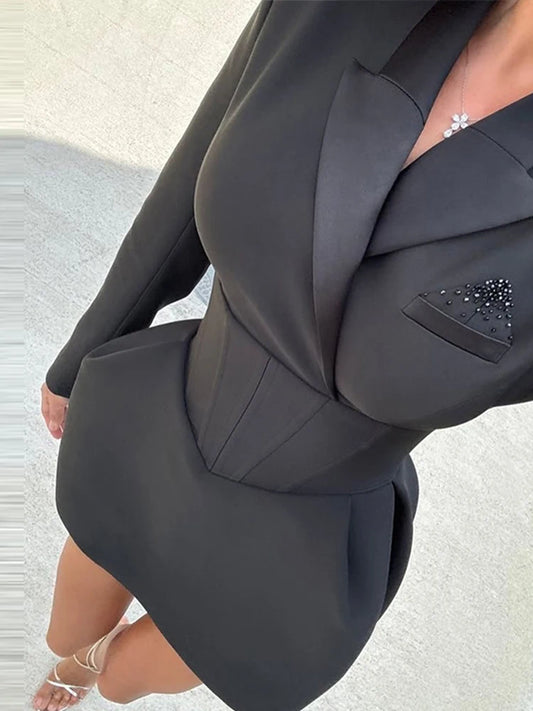 Lapel Waist Cinching Suit Dress Woman Solid Color Long Sleeve Short Elegant Dresses Fashion Versatile Women's New Mini Dresses