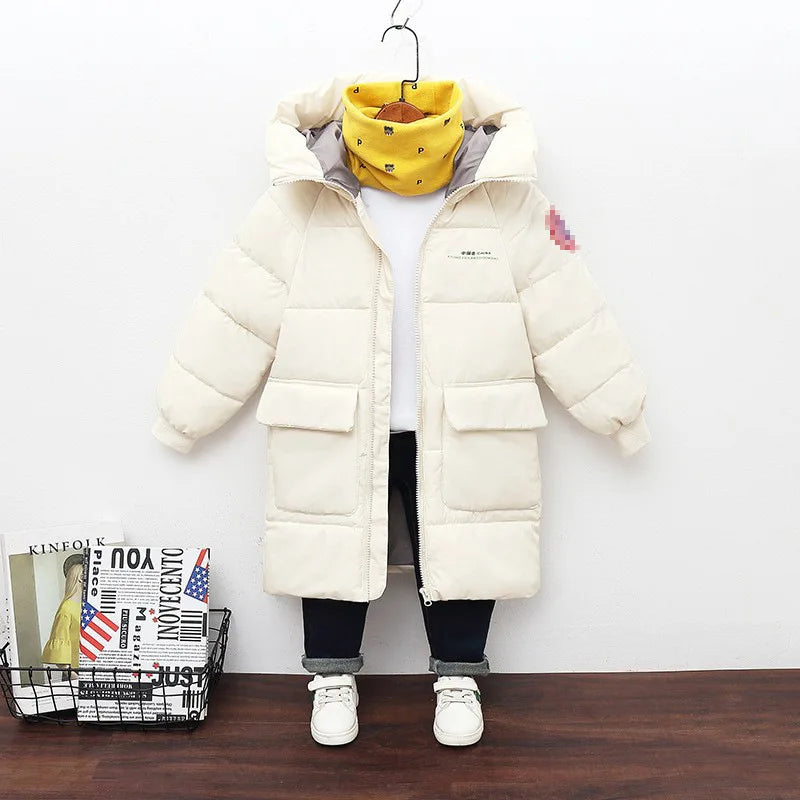 New Winter Boys Jacket Solid Color Mid-Length Keep Warm Cold Protection Hooded Down Cotton Windbreaker Coats For 3-10 Years