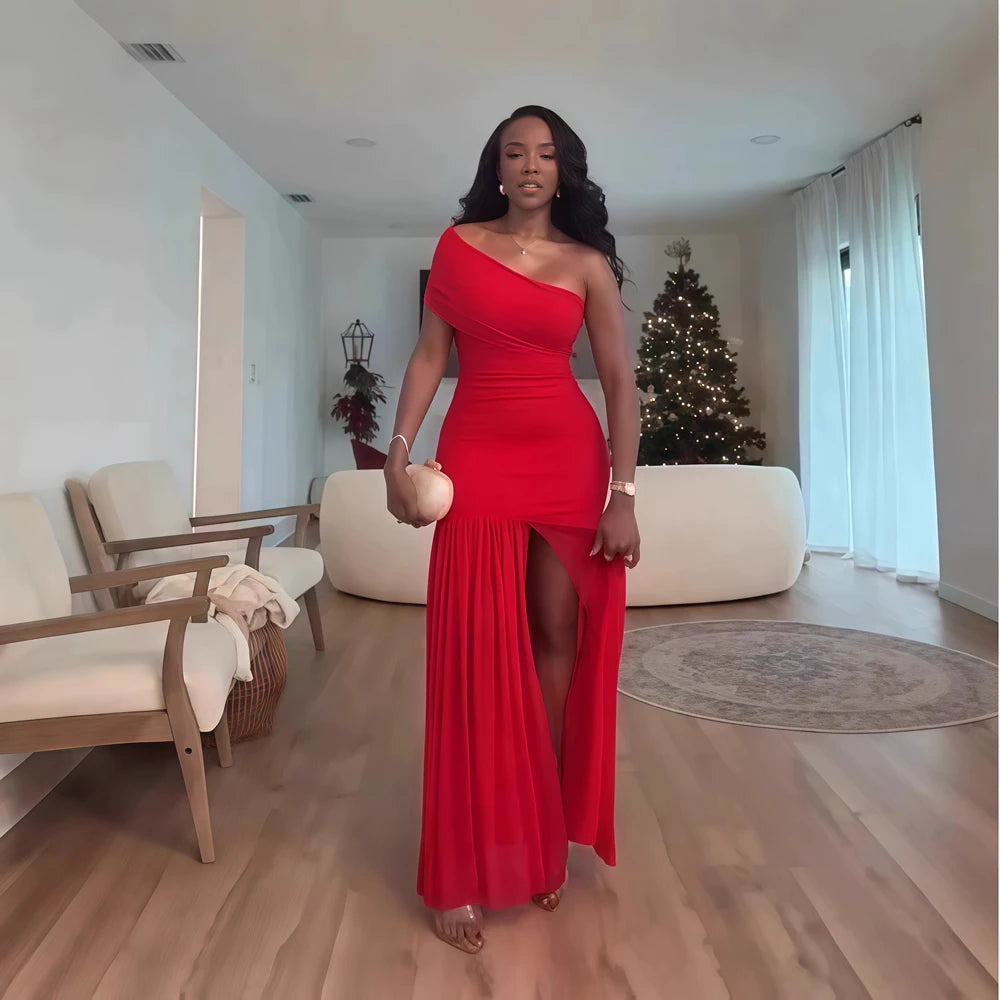 Stylish Evening Sexy Club Party Holiday Maxi Dress for Women Elegant Skew Neck One Sleeve Off Shoulder Mesh Slit Long Dresses