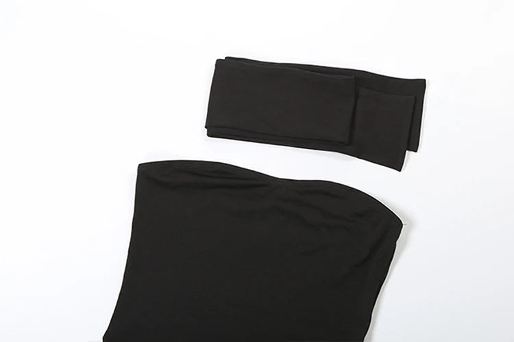 Weird Puss Strapless Dress+Scarf Women Irregular Patchwork Side Split Skinny Elegant Birthday Party Simple Basic Maxi Bodycon