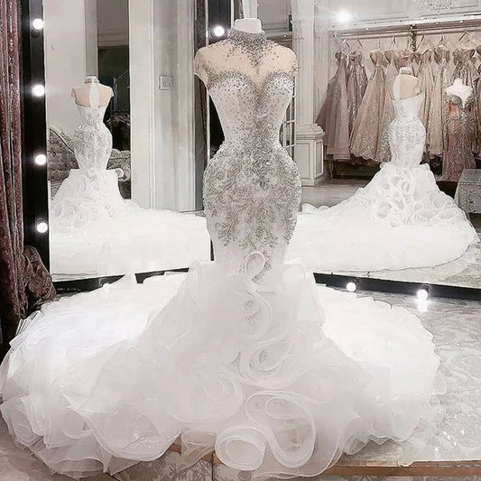 Customized  High Neck Arabic Aso Ebi Luxurious Beaded Crystals Wedding Dress Organza Multi-Layered Ruffles Bridal Gowns