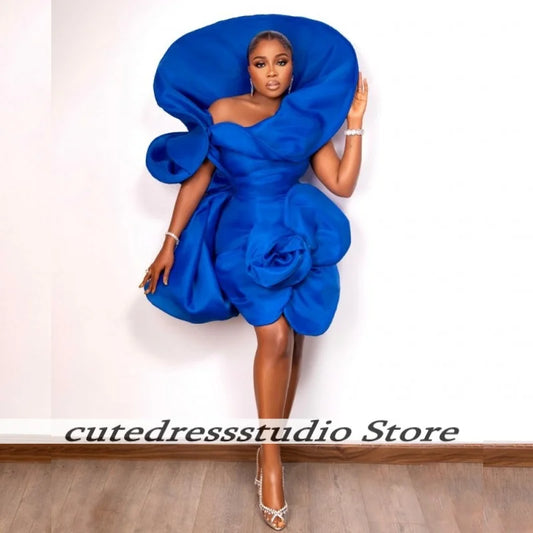 Blue Satin Mini Birthday Party Dresses For Women Exquisite Flowers Ruched Short Prom Dress Cocktail Gowns African Customized