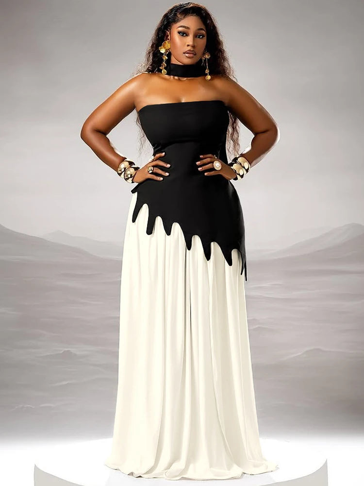 Weird Puss Strapless Dress+Scarf Women Irregular Patchwork Side Split Skinny Elegant Birthday Party Simple Basic Maxi Bodycon