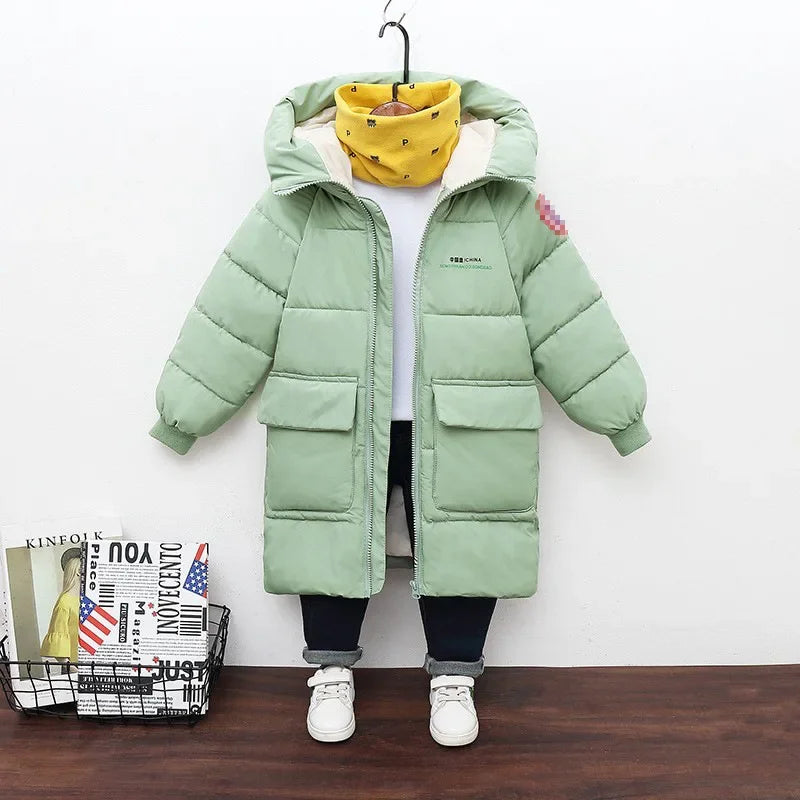 New Winter Boys Jacket Solid Color Mid-Length Keep Warm Cold Protection Hooded Down Cotton Windbreaker Coats For 3-10 Years