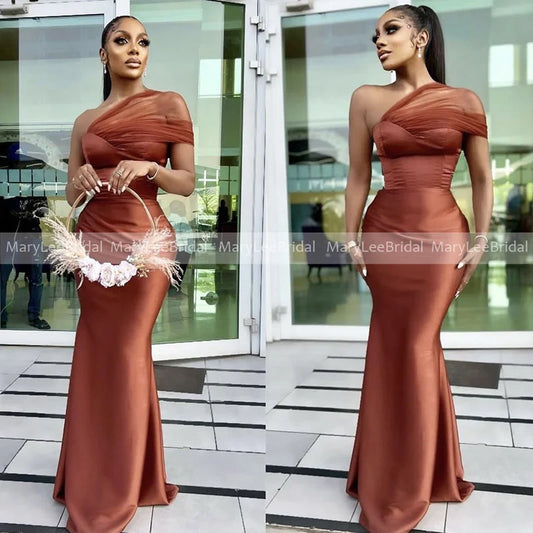 Customized Brown Mermaid Bridesmaid Dresses One Shoulder Tulle Strap Satin Bride Maids Gowns robe demoiselle d honneur femme