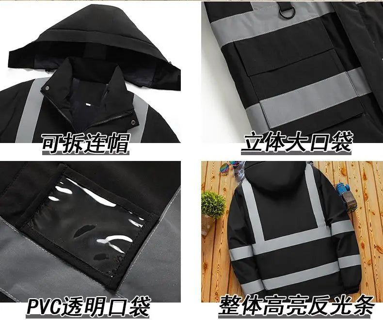 Winter Work Jacket Men, Waterproof Windproof Reflective Thermal Coat, Fleece Lined Abrasion Resistant Parka