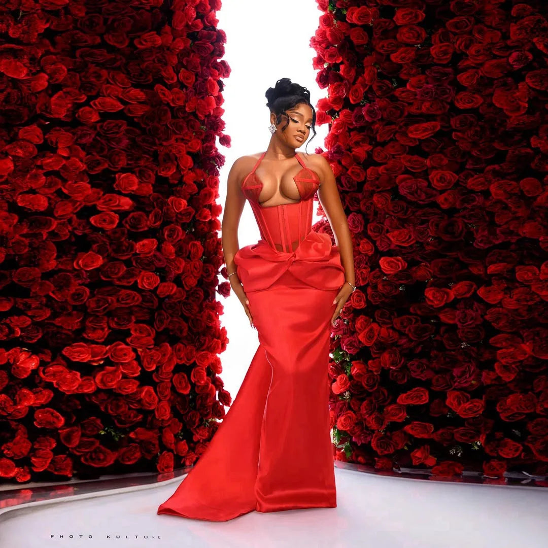 Charming Red Satin Long Mermaid Evening Dresses Aso Ebi Sexy Halter Corset Back Prom Party Dress African Women Robe De Soiree