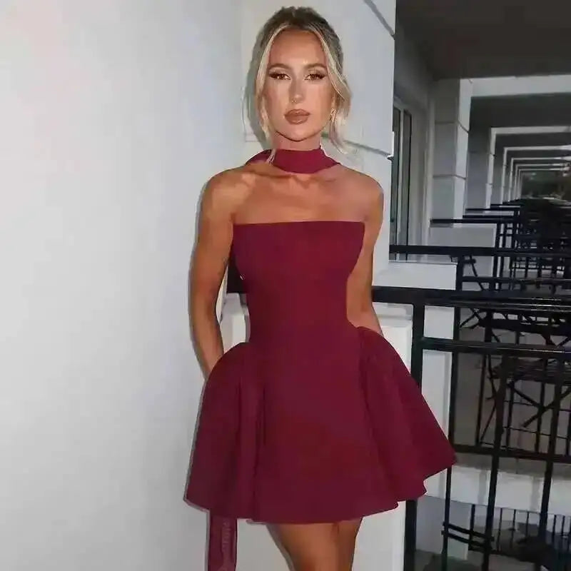 Townlike Waist Wrap A-line Pleated Dress Women Halter Mini 2024 Summer Dress V Neck Backless Nightclub Sexy Party Dresses