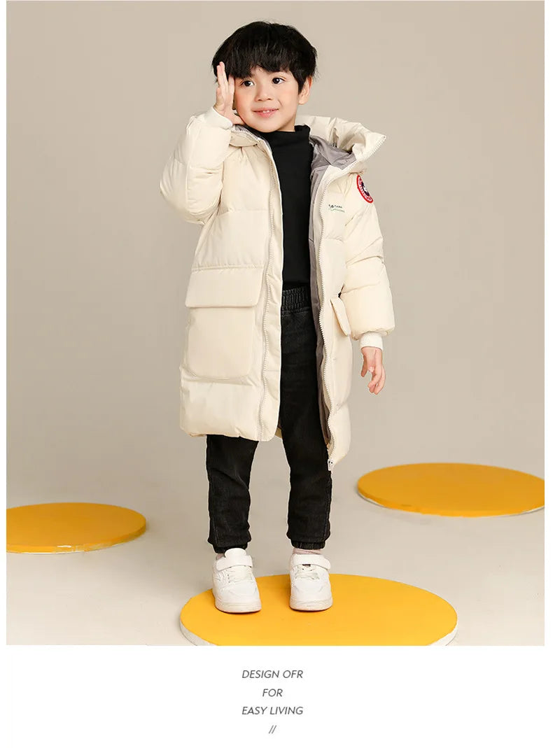 New Winter Boys Jacket Solid Color Mid-Length Keep Warm Cold Protection Hooded Down Cotton Windbreaker Coats For 3-10 Years
