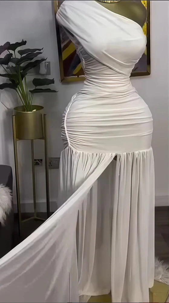 Stylish Evening Sexy Club Party Holiday Maxi Dress for Women Elegant Skew Neck One Sleeve Off Shoulder Mesh Slit Long Dresses