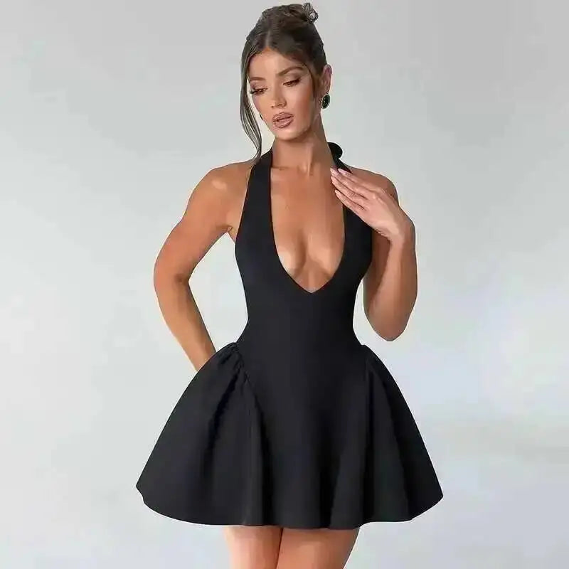 Townlike Waist Wrap A-line Pleated Dress Women Halter Mini 2024 Summer Dress V Neck Backless Nightclub Sexy Party Dresses