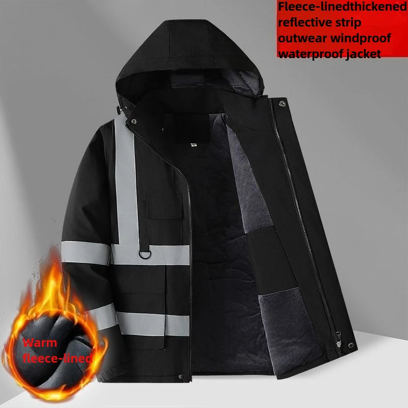 Winter Work Jacket Men, Waterproof Windproof Reflective Thermal Coat, Fleece Lined Abrasion Resistant Parka
