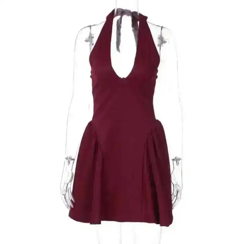 Townlike Waist Wrap A-line Pleated Dress Women Halter Mini 2024 Summer Dress V Neck Backless Nightclub Sexy Party Dresses