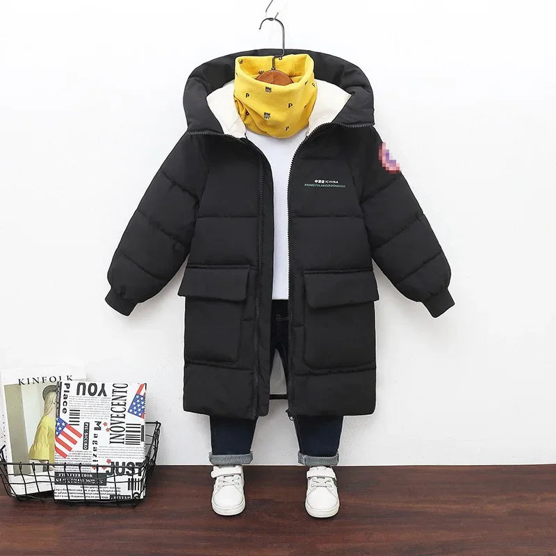 New Winter Boys Jacket Solid Color Mid-Length Keep Warm Cold Protection Hooded Down Cotton Windbreaker Coats For 3-10 Years