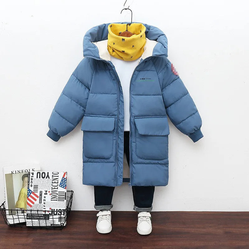 New Winter Boys Jacket Solid Color Mid-Length Keep Warm Cold Protection Hooded Down Cotton Windbreaker Coats For 3-10 Years