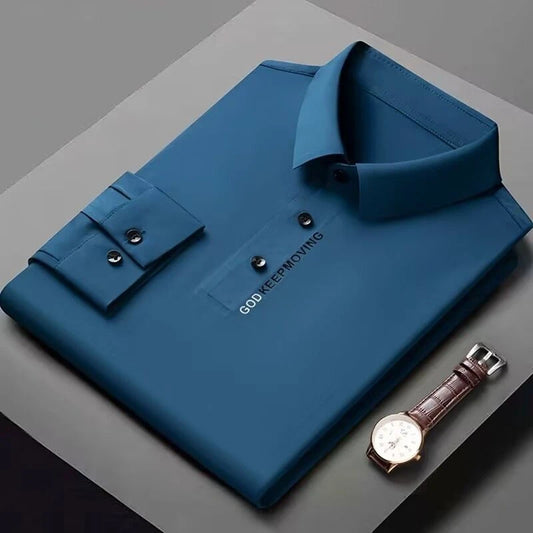 Men's T-shirt Long-sleeved Middle-aged Lapel Traceless and Iron-free High-end Warm Polo Shirt