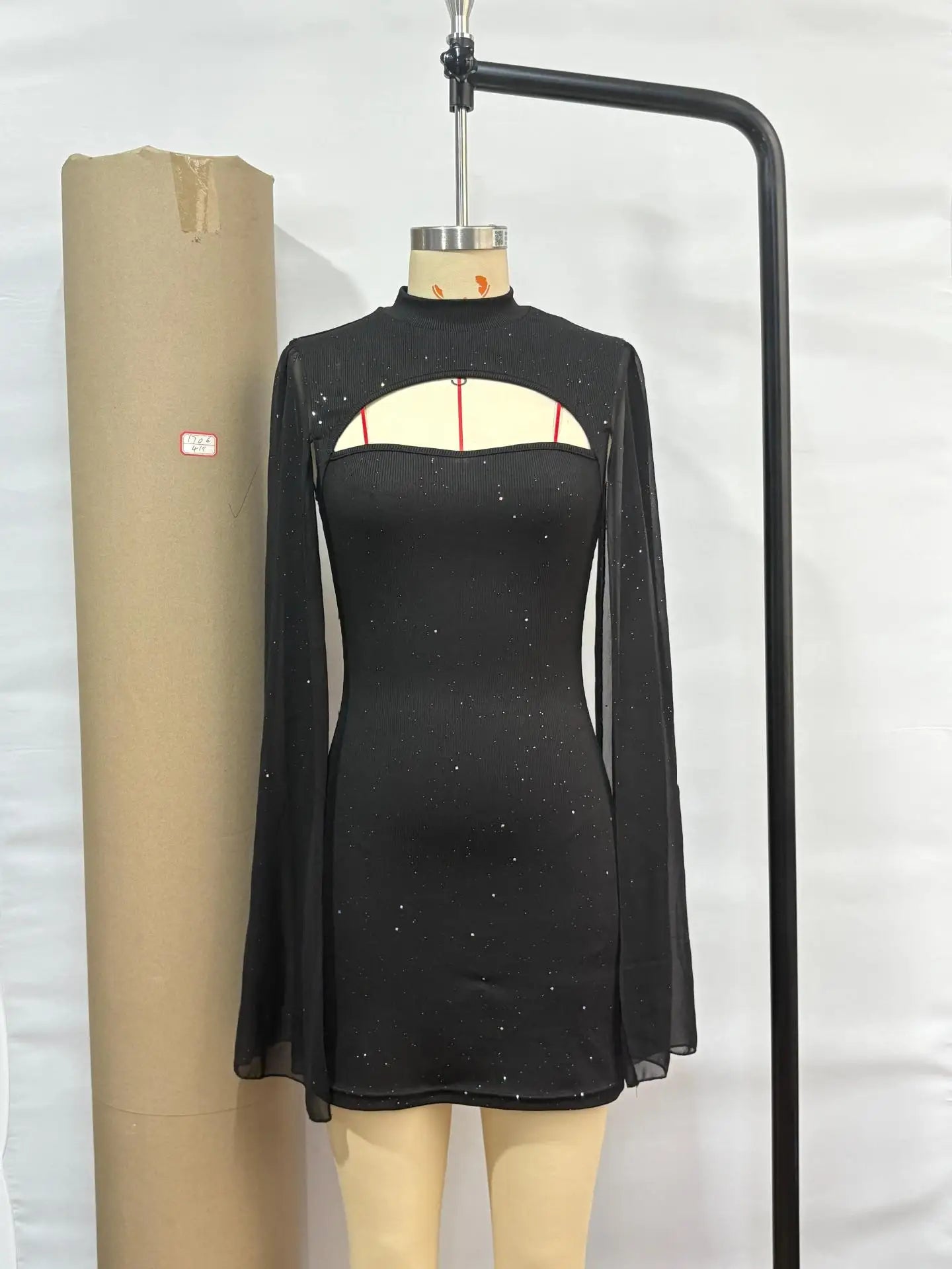 2025 Summer Women Outfit Fashion Elegant Pearl Chiffon Cloak Hip Short Dress Sequins Half High Collar Slim Evening Dress Female