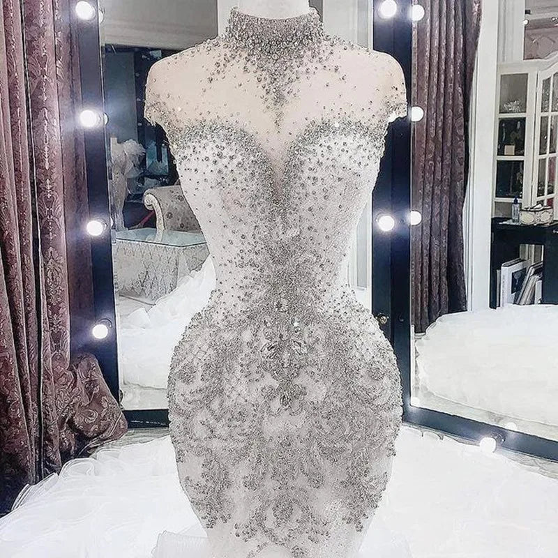 Customized  High Neck Arabic Aso Ebi Luxurious Beaded Crystals Wedding Dress Organza Multi-Layered Ruffles Bridal Gowns