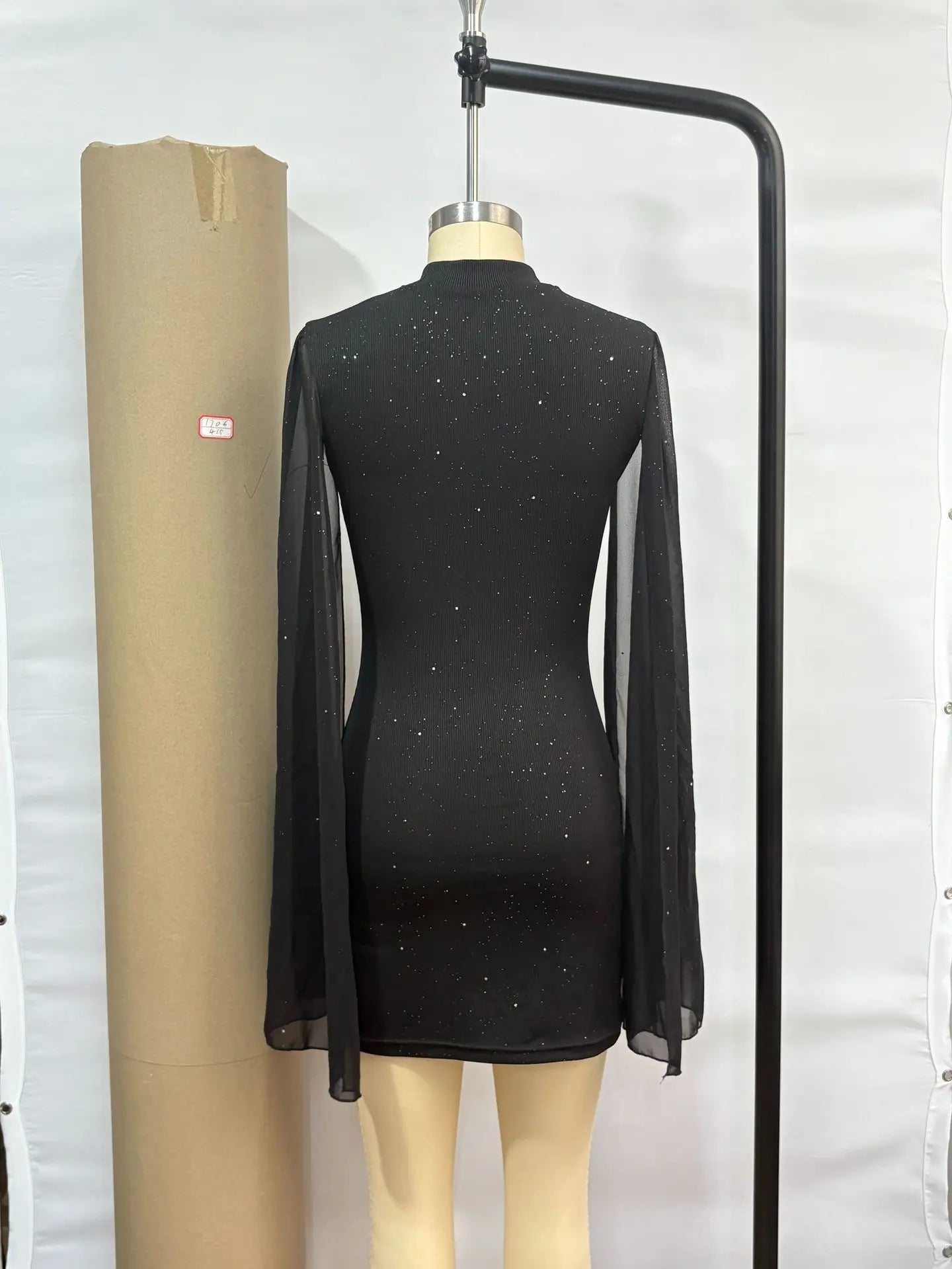 2025 Summer Women Outfit Fashion Elegant Pearl Chiffon Cloak Hip Short Dress Sequins Half High Collar Slim Evening Dress Female