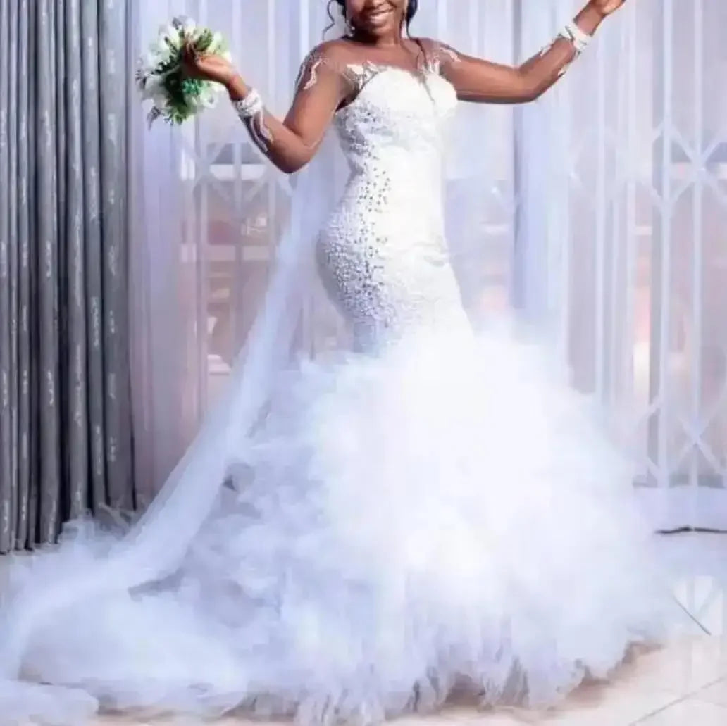 Customized New Luxury Ruffle African Mermaid Wedding Dress Beaded Bridal Gown Vestidos De Novia Long Tail