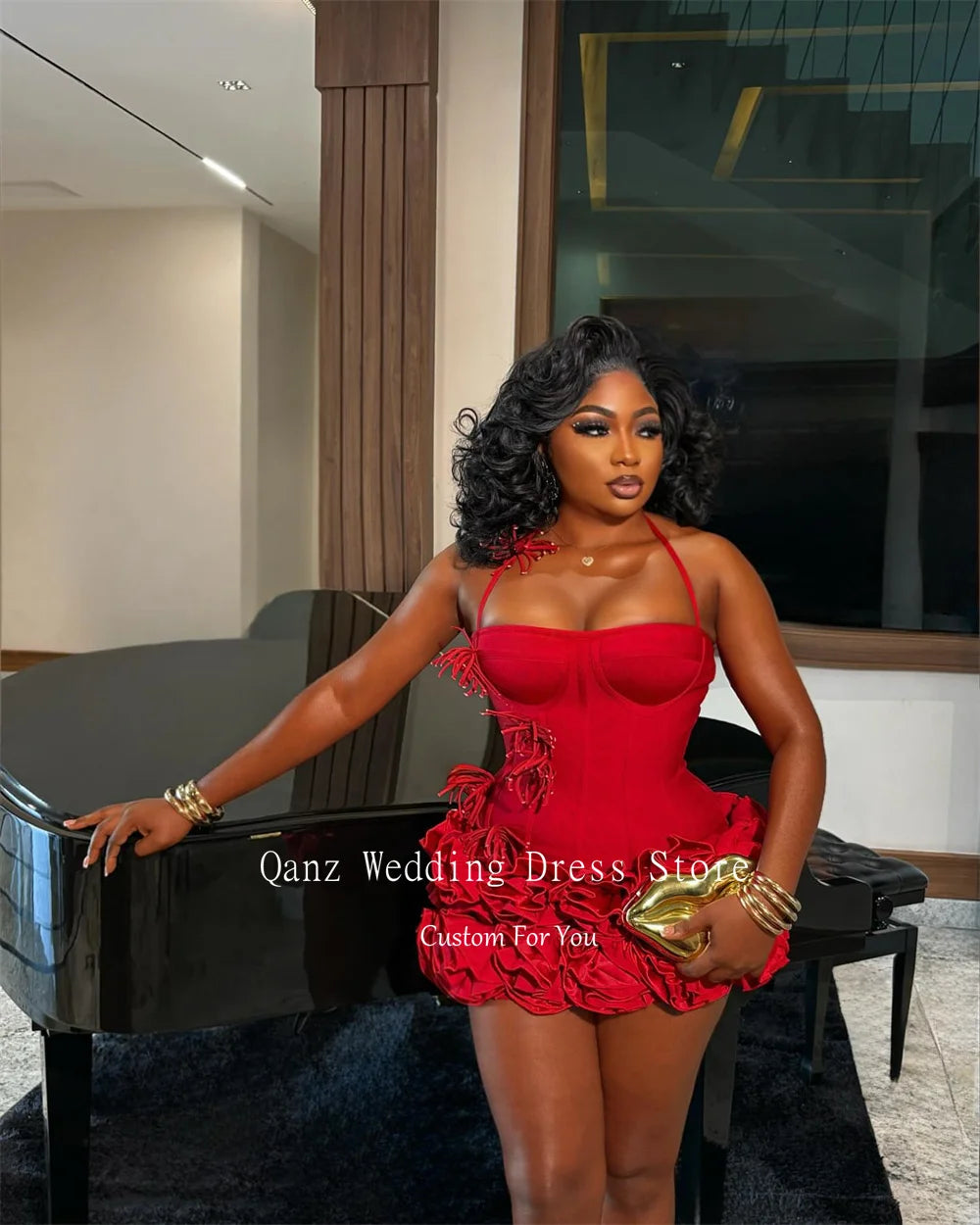 Qanz Red Birthday Dresses Baddie Black Girl Halter Neck Mini Prom Dresses Sweertheart Ruffles Wedding Party Dress Customized