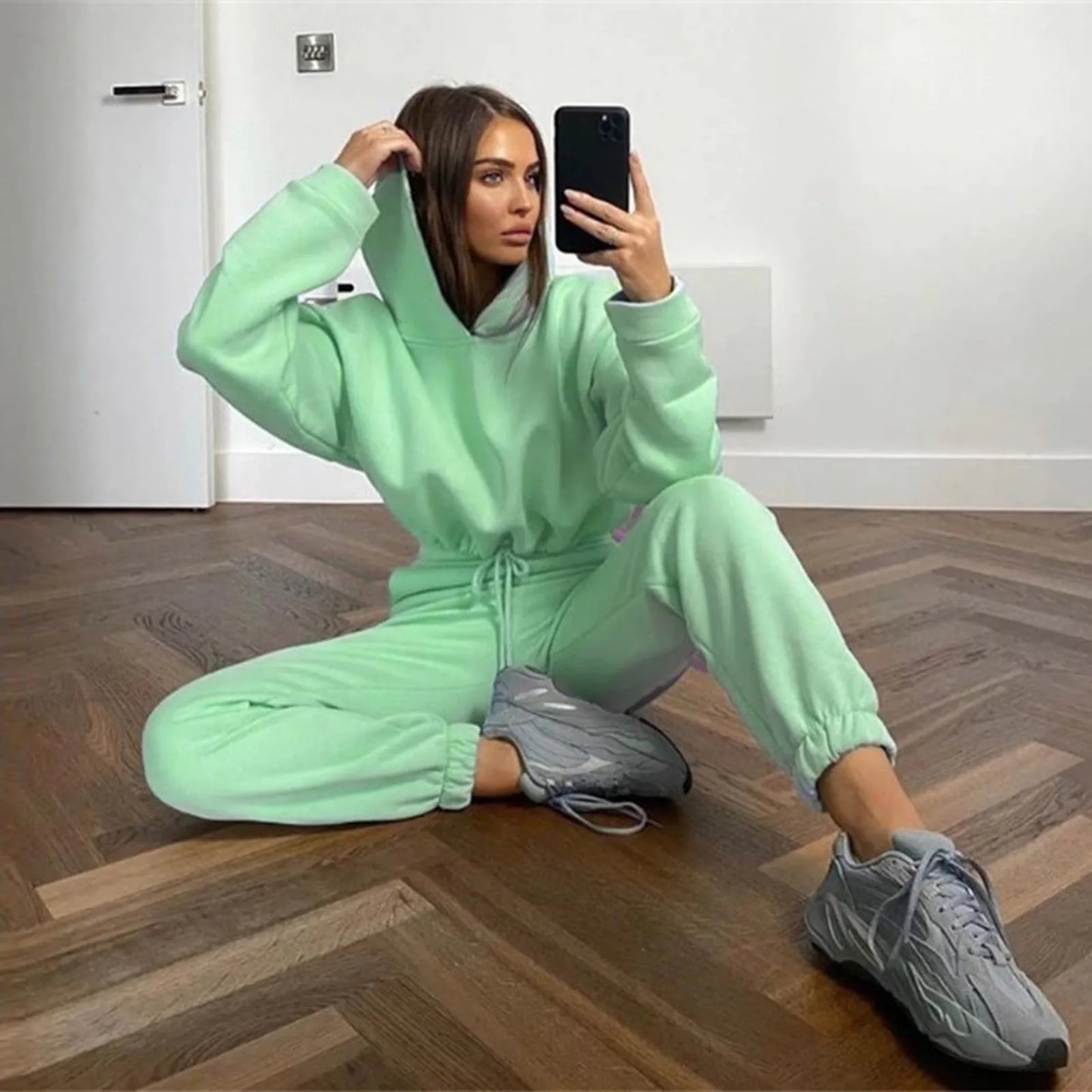 Winter Tracksuit Women Two Piece Set - Oversized Hoodie Sweatpants Solid Color Sportswear Suit |Casual Sweatshirt Trouser Set