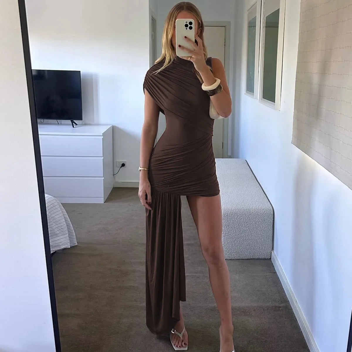 Irregular Draped Ruched Sexy Mini Dress For Women Elegant Turtleneck Sleeveless High Waist Pleated Club Party Dress