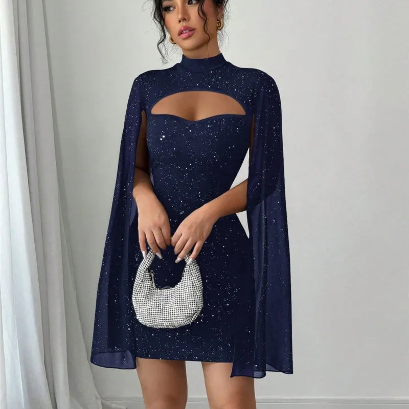 2025 Summer Women Outfit Fashion Elegant Pearl Chiffon Cloak Hip Short Dress Sequins Half High Collar Slim Evening Dress Female