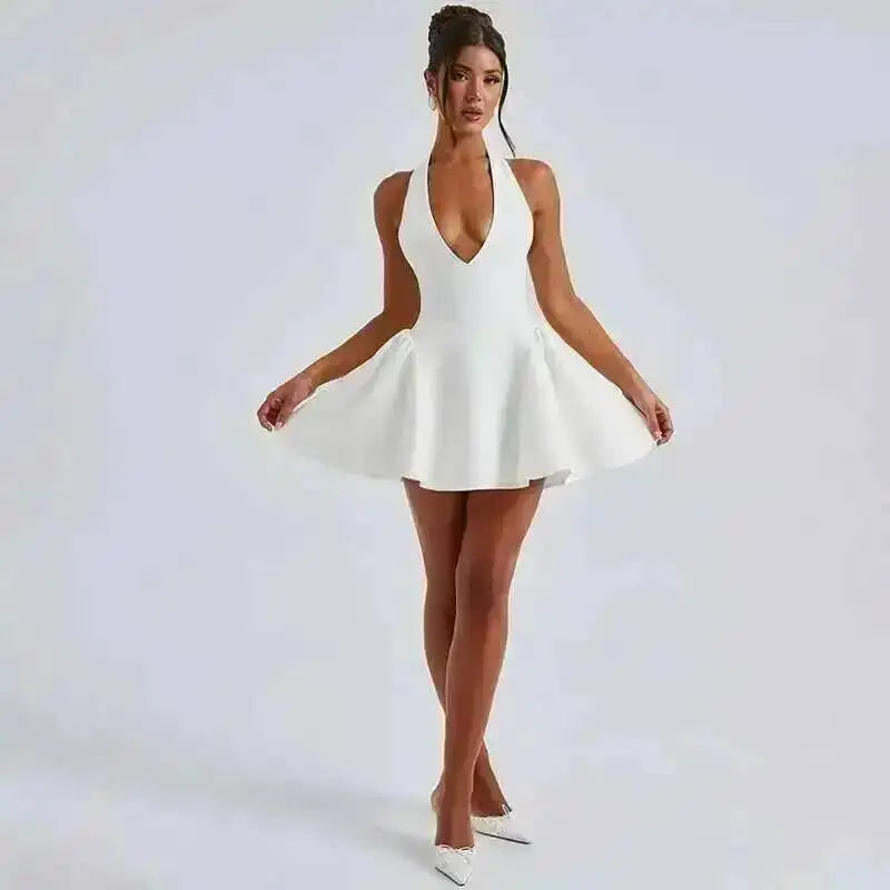 Townlike Waist Wrap A-line Pleated Dress Women Halter Mini 2024 Summer Dress V Neck Backless Nightclub Sexy Party Dresses