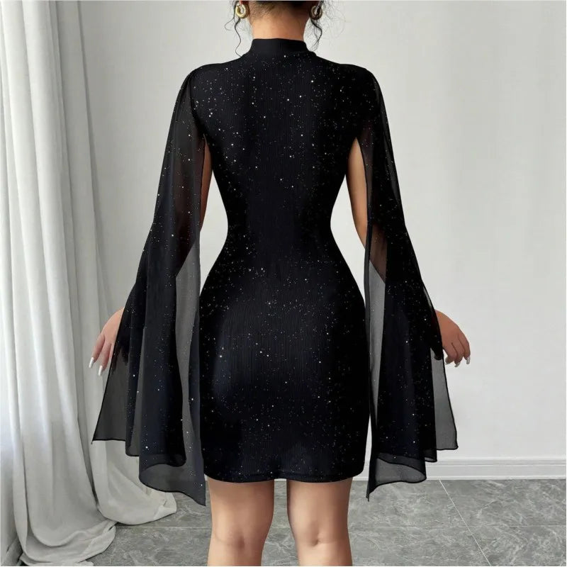2025 Summer Women Outfit Fashion Elegant Pearl Chiffon Cloak Hip Short Dress Sequins Half High Collar Slim Evening Dress Female
