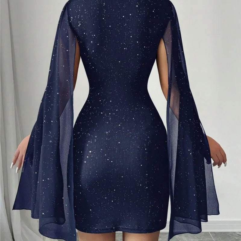 2025 Summer Women Outfit Fashion Elegant Pearl Chiffon Cloak Hip Short Dress Sequins Half High Collar Slim Evening Dress Female
