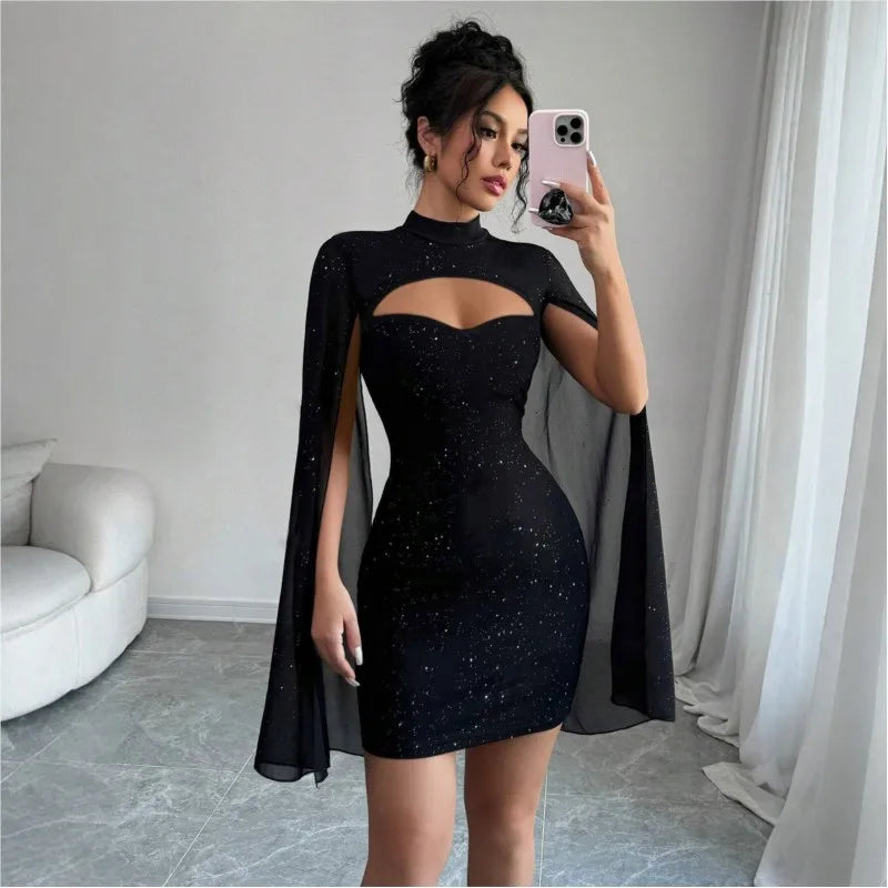 2025 Summer Women Outfit Fashion Elegant Pearl Chiffon Cloak Hip Short Dress Sequins Half High Collar Slim Evening Dress Female