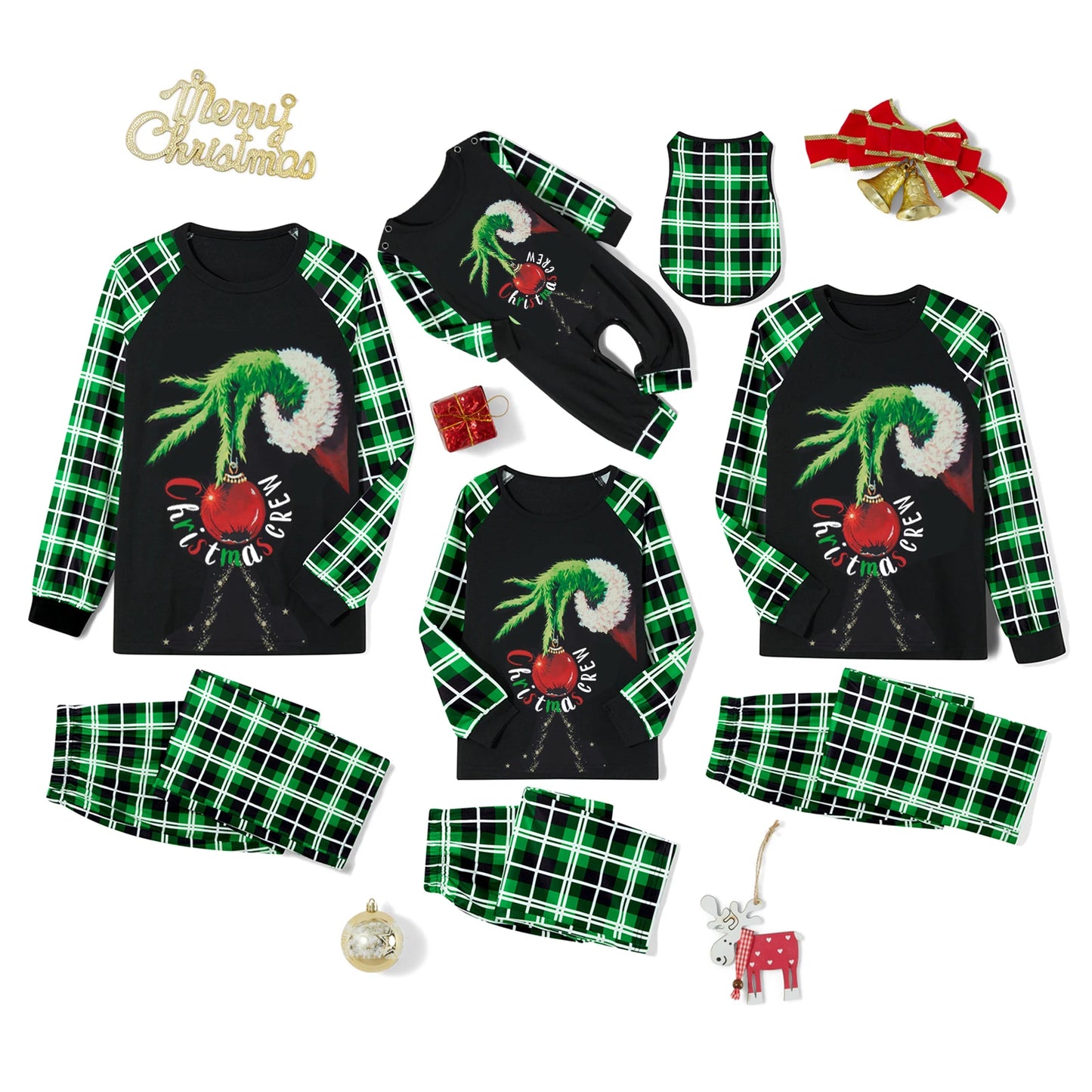 Combhasaki Family Matching Christmas Pajamas Set Christmas Ball & Plaid Print Holiday Pajamas Sleep Loungewear Dad Mom Kids PJs