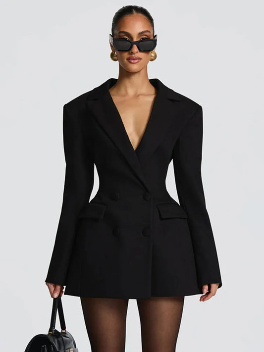 XIAOTANG Deep V Neck Long Sleeve Sexy Mini Blazer Dress Women Elegant Double-breasted High Waist Club Party Blazers Dress