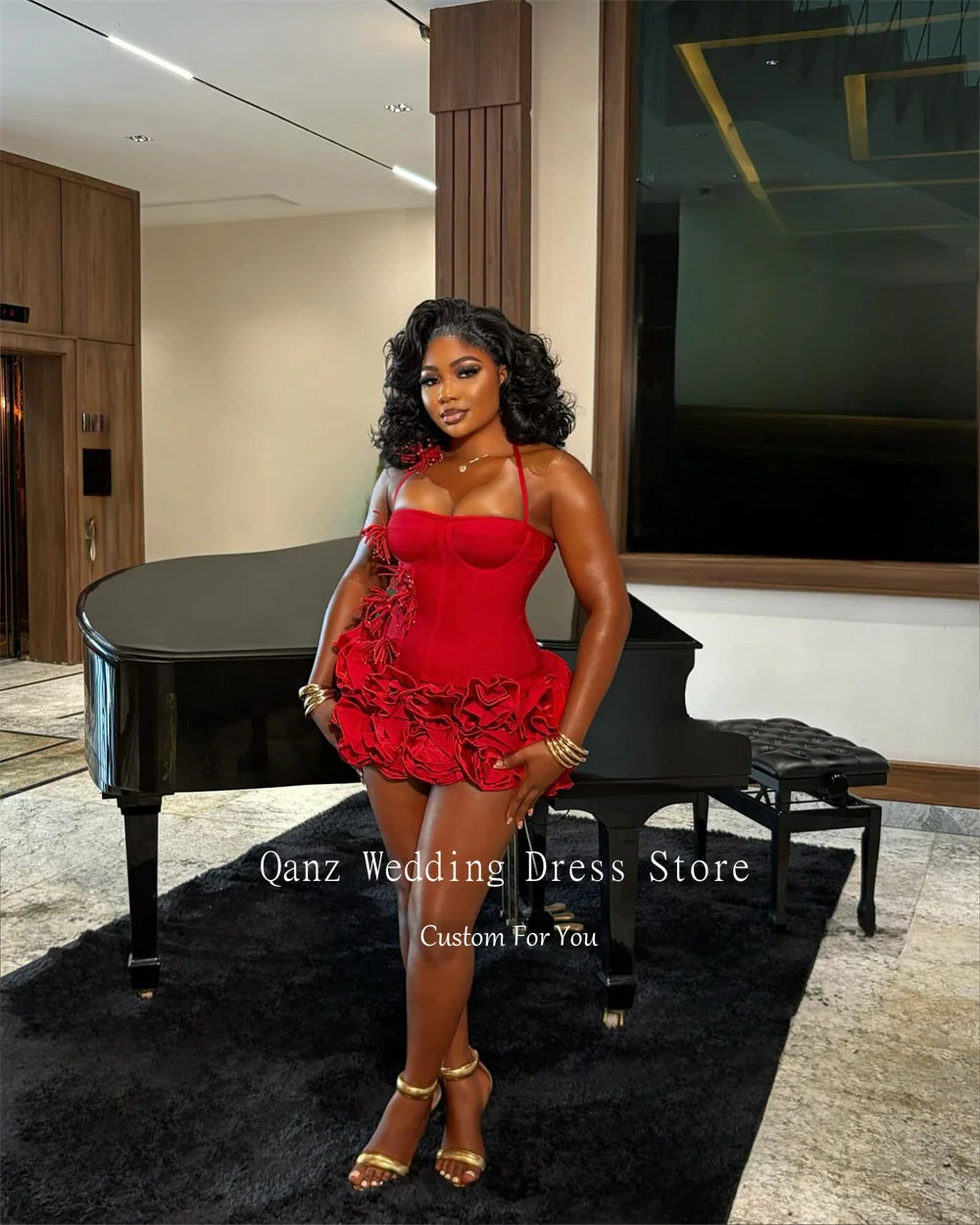 Qanz Red Birthday Dresses Baddie Black Girl Halter Neck Mini Prom Dresses Sweertheart Ruffles Wedding Party Dress Customized