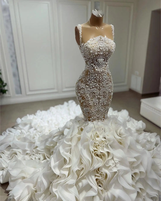 Gorgeous Pearls Wedding Dresses Applique Mermaid Bridal Gowns Puff Tiered Train Spaghetti Strap Customized Robes De Mariéeede