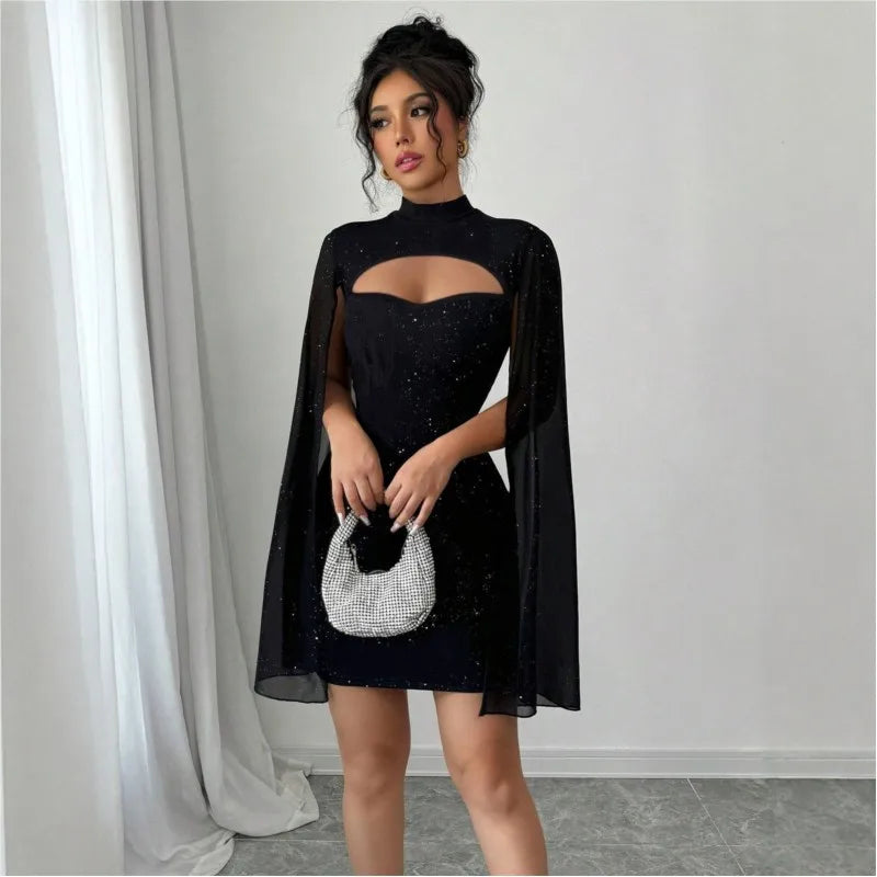 2025 Summer Women Outfit Fashion Elegant Pearl Chiffon Cloak Hip Short Dress Sequins Half High Collar Slim Evening Dress Female