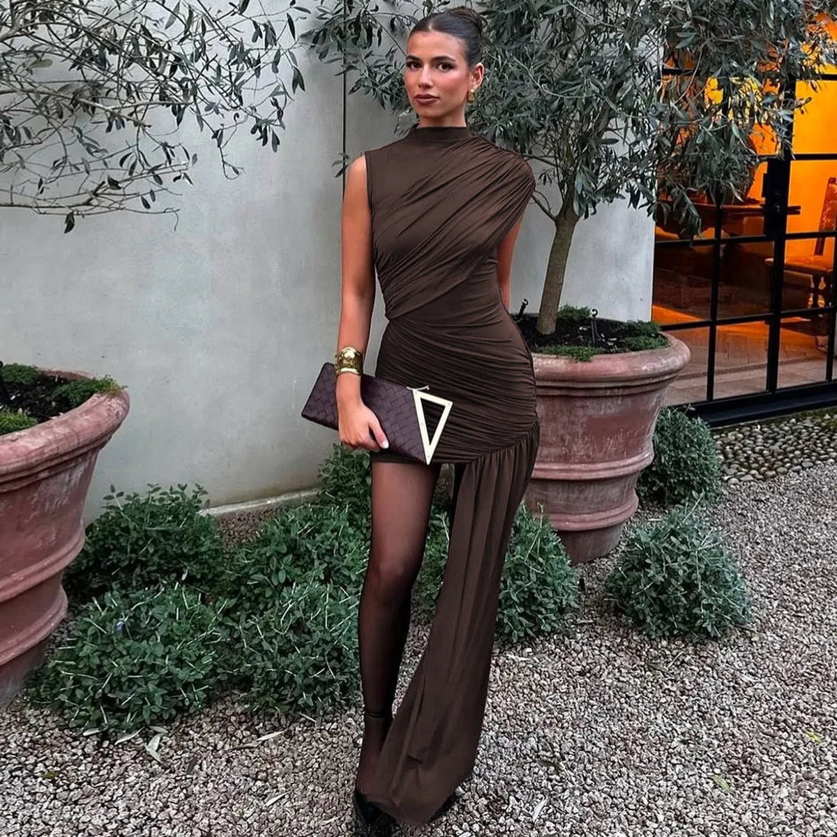 Irregular Draped Ruched Sexy Mini Dress For Women Elegant Turtleneck Sleeveless High Waist Pleated Club Party Dress