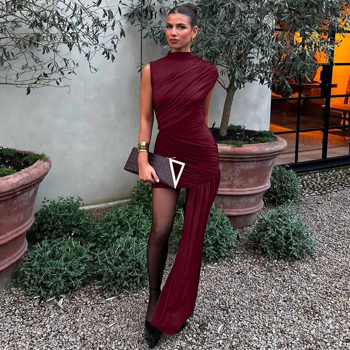 Irregular Draped Ruched Sexy Mini Dress For Women Elegant Turtleneck Sleeveless High Waist Pleated Club Party Dress