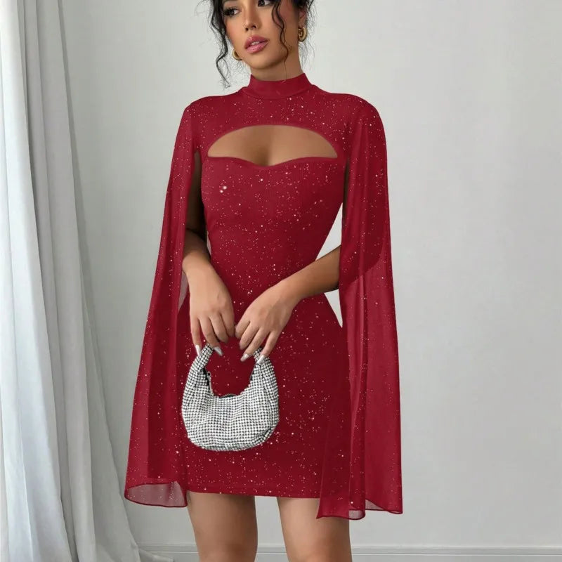 2025 Summer Women Outfit Fashion Elegant Pearl Chiffon Cloak Hip Short Dress Sequins Half High Collar Slim Evening Dress Female
