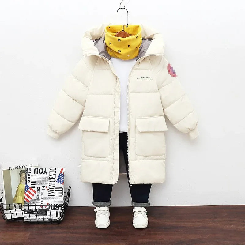 New Winter Boys Jacket Solid Color Mid-Length Keep Warm Cold Protection Hooded Down Cotton Windbreaker Coats For 3-10 Years