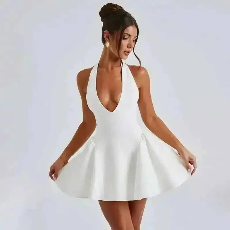 Townlike Waist Wrap A-line Pleated Dress Women Halter Mini 2024 Summer Dress V Neck Backless Nightclub Sexy Party Dresses