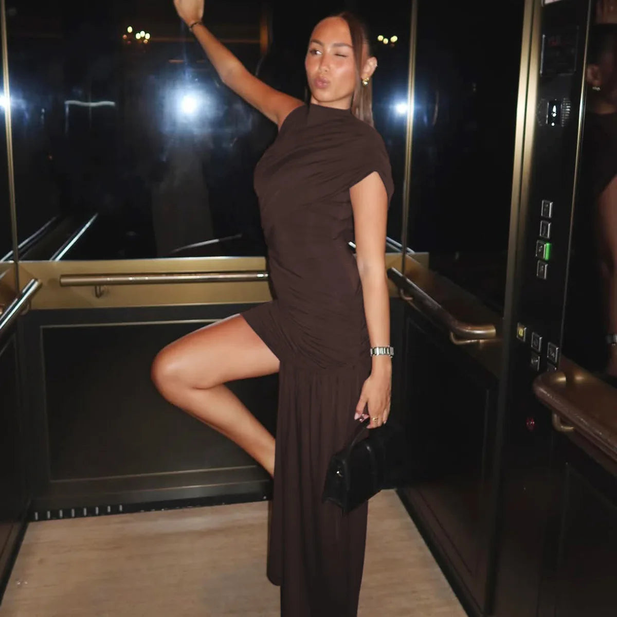 Irregular Draped Ruched Sexy Mini Dress For Women Elegant Turtleneck Sleeveless High Waist Pleated Club Party Dress