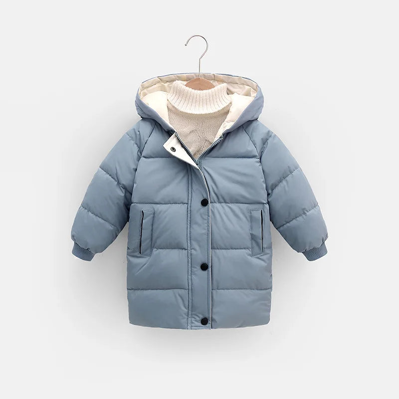 New Winter Boys Jacket Solid Color Mid-Length Keep Warm Cold Protection Hooded Down Cotton Windbreaker Coats For 3-10 Years